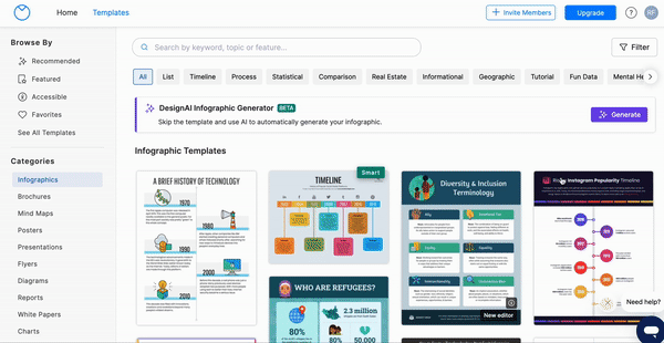 On the Templates page of the Venngage website, a purple banner appears above the template thumbnails, with the heading 'DesignAI Infographic Generator'. A user clicks on the 'Generate' button at the far right end of the banner. A widget appears on top of the template page with the heading 'DesignAI Beta' and a chat bot widget says 'Give me a topic for your infographic or choose an example topic below'. The user enters the 'Guide to Tiktok' in the text bar. The chat bot responds that it has started working to generate the design.