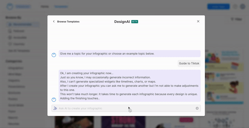 A widget appears over the top of the Venngage templates page with the heading 'DesignAI Beta' and a chat bot widget below this. A conversation between a user and the bot appears in the window and the user has asked the bot to create a design showing a guide to TikTok. A preview of the design loads, with the heading 'Guide to TikTok' and two columns of three boxes each underneath, with headings like 'Intro to TikTok', 'Create TikToks' and 'TikTok Safety Tips'. The user clicks on the link beside the preview that reads 'Edit this infographic'. A new tab opens, showing the Guide to TikTok design template in the upgraded Venngage Editor. 
