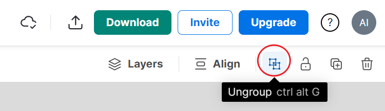 Image showing where the ungroup button is located at the top toolbar