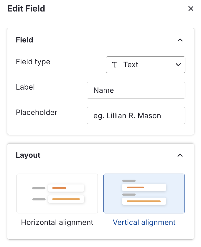 Image of the editor showing the options in the Edit Field modal of the short text field