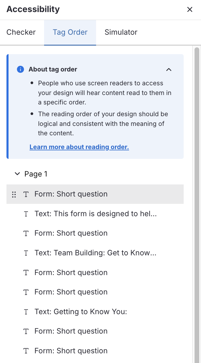 Image showing what the accessibility modal looks like in the editor