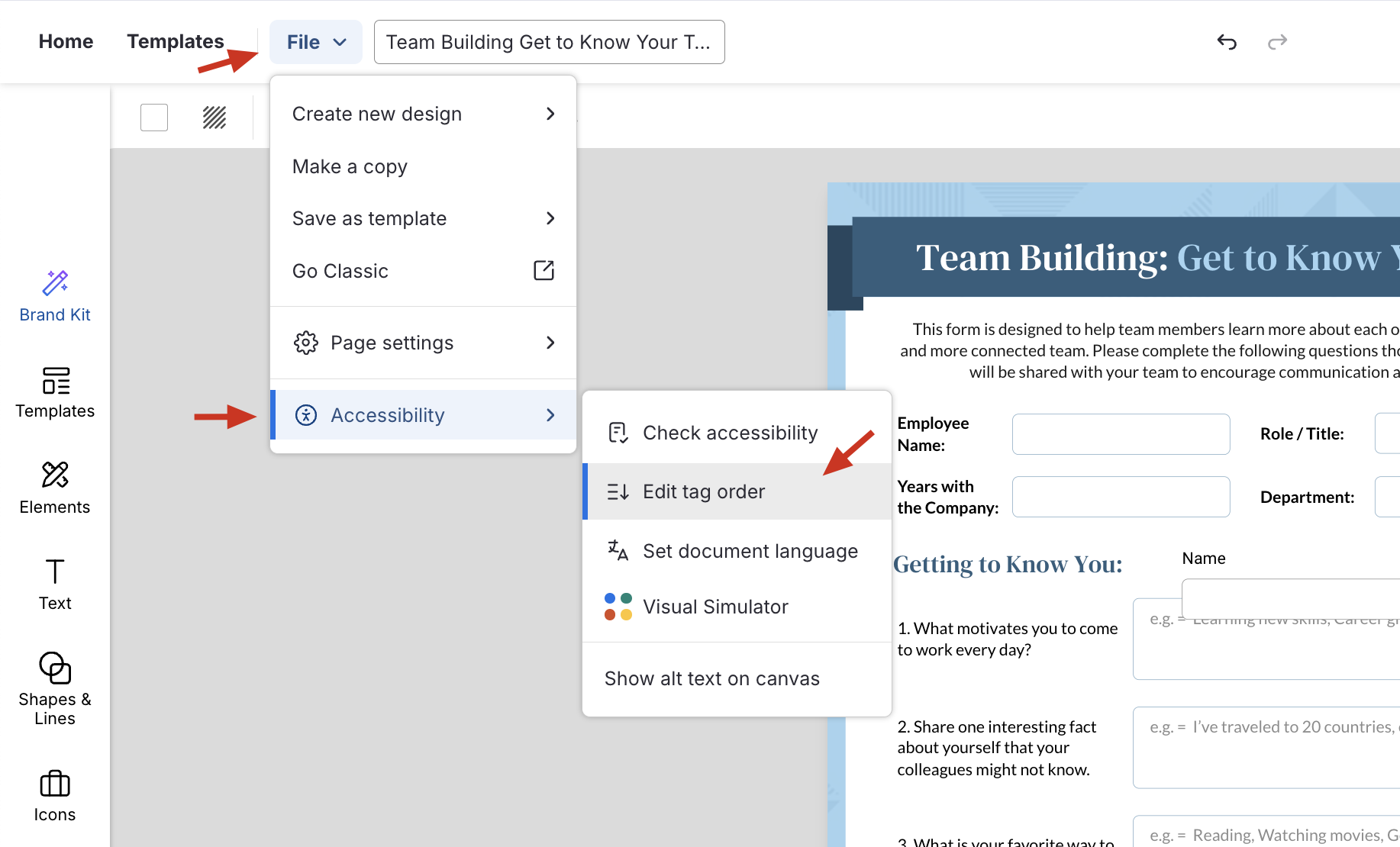 Image in the editor showing where the 'edit tag order' button is located