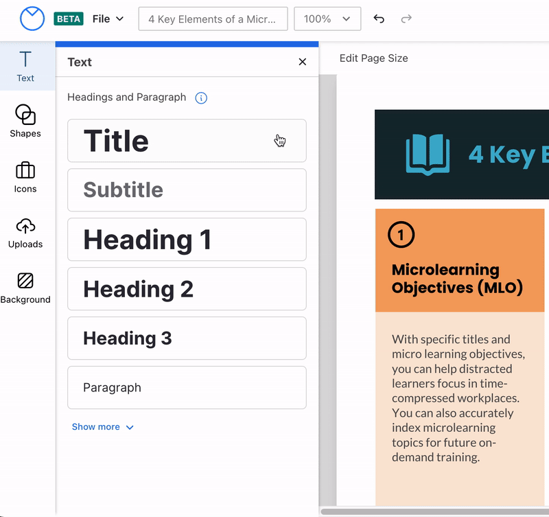 O menu Texto na barra lateral esquerda do Venngage Editor.  Sob o cabeçalho Texto, uma lista de cabeçalhos e caixas de texto de parágrafo aparece, com estilo aplicado para corresponder ao tipo.  No topo da lista, os itens são: Título, Subtítulo, Título 1, Título 2, Título 3 e Parágrafo.  Na parte inferior da lista, as palavras Mostrar mais aparecem, com uma seta suspensa ao lado dela.  O usuário passa o mouse sobre cada estilo de texto.