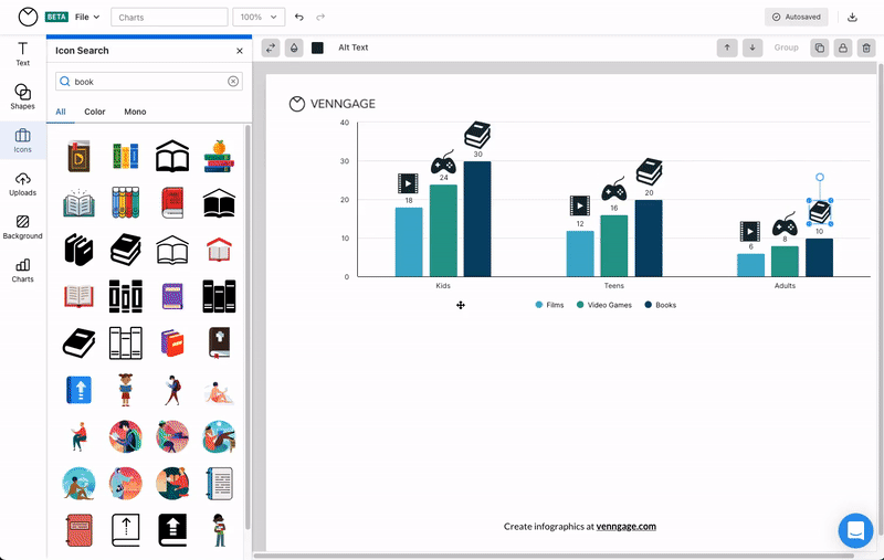 Un usuario agrega íconos adicionales al gráfico de columnas descrito anteriormente.  Describen uno de los íconos usando el modal Add Alt Text (cuadro) en el Editor de Venngage.