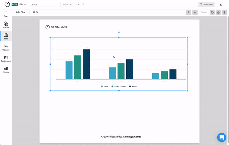 Un usuario selecciona un gráfico en un lienzo de diseño en el Editor de Venngage.  El usuario hace clic en 'Editar gráfico' en la barra de herramientas superior y luego hace clic en la pestaña 'Configuración'.  Bajo el título "Etiquetas", el usuario hace clic en el selector de color.  El usuario hace clic en un color más oscuro, lo que hace que las etiquetas del gráfico sean más visibles.