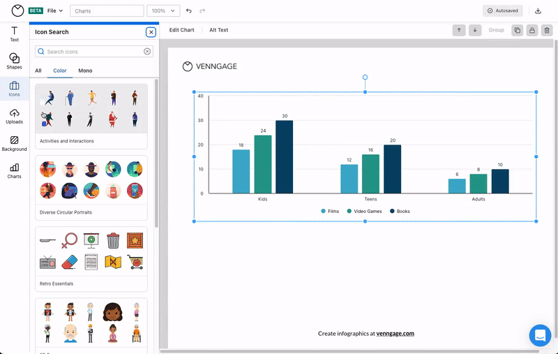 Un usuario abre el menú de íconos en la barra lateral izquierda en el Editor de Venngage.  Un gráfico de columnas es visible en el lienzo de diseño en el Editor.  El usuario agrega íconos del menú y los posiciona sobre cada columna.