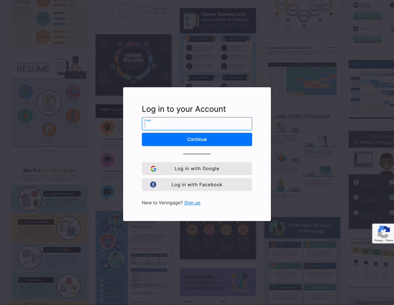 On the main page of the Venngage website, a user enters their email and password into a modal with the heading Log in to your account. The user signs in, and is redirected to the Venngage homepage, which shows their My Designs page and saved design templates. In the top right corner of the page, the user's initials appear in white on a grey circle; when the user clicks the circle, it opens a drop-down widget with two options: My Account, and Sign Out. The user clicks on My Account. 