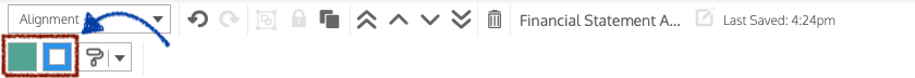 Uma visão parcial da barra de ferramentas superior de um design no Venngage Editor.  A segunda linha da barra de ferramentas mostra dois ícones da ferramenta Cor, lado a lado, no menu Alinhamento.  Os ícones da Color Tool são destacados por uma caixa vermelha escura e uma seta azul escura.