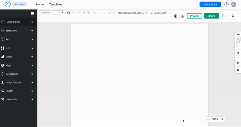 Dans l'éditeur Venngage, un utilisateur clique sur Graphiques dans la barre latérale gauche.  Le menu se développe pour afficher les vignettes des graphiques disponibles.  L'utilisateur fait défiler les graphiques et, dans une section de graphiques portant la balise « Bêta », il clique sur le graphique intitulé « Colonne ».  Un histogramme d'icônes apparaît sur le canevas de conception ;  il apparaît sous la forme d'un histogramme avec des icônes simples sous chaque colonne, représentant les données de la colonne.  L'utilisateur supprime le graphique, puis clique sur le graphique intitulé « Colonne groupée » dans la barre latérale gauche.  Un histogramme groupé apparaît sur le canevas, avec des icônes simples sous chaque groupe de colonnes qui se rapportent aux données présentées dans chaque série de colonnes groupées.