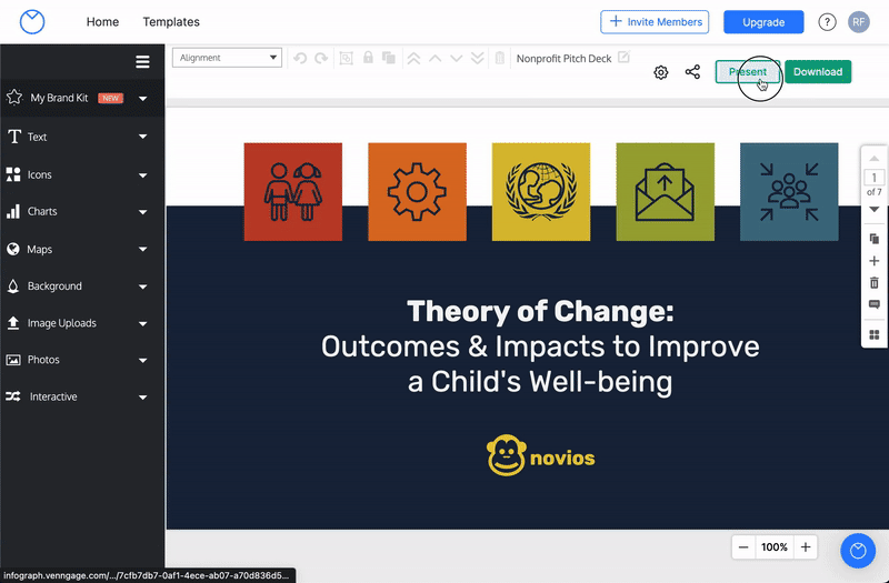 Um usuário clica em Apresentar na barra de ferramentas superior do Venngage Editor com um modelo de apresentação aberto na tela de design.  O usuário seleciona Apresentador no menu suspenso.  Uma janela pop-up aberta com os slides concluídos abertos no modo de apresentação;  o usuário clica em vários slides.