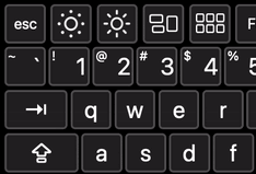 A close-up of an onscreen accessible keyboard, left-side, top four rows. The tab key is highlighted by a flashing red border.