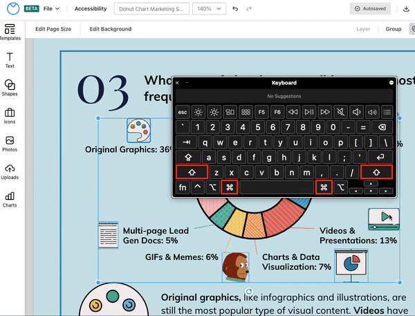 On a partial view of a design canvas in the upgraded Venngage Editor, a user selects a series of several icons, including a projector screen with a simple icon of a red and blue pie chart on it, a white paint palette with four colorful paint spots, a puppet head and a video player app. The user selects all of the icons at once by holding the Shift key down and clicking on each of the icons with the mouse; then the user groups the icons together by holding the Command key, the Option key, and then pressing the letter G.
