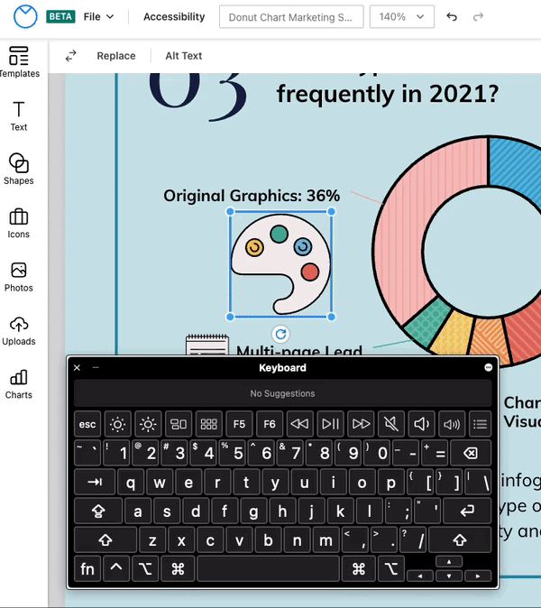 On a partial view of a design canvas in the upgraded Venngage Editor, a user selects an icon of a white paint palette with four colorful paint spots, and uses the onscreen keyboard to rotate the icon in small increments of 1°, using the Option keys and the left and right arrows. The user then uses the Option, Shift and left and right arrow keys to rotate the icon in larger increments of 15°.