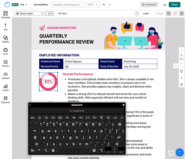 Un canevas de conception est ouvert dans l'éditeur Venngage mis à niveau, avec un graphique de statistiques rose sélectionné et bordé par un cadre de délimitation bleu.  Le clavier de l'utilisateur apparaît à l'écran.  L'utilisateur appuie sur les touches Commande, puis sur la lettre «&nbsp;C&nbsp;», qui met en évidence ces touches sur le clavier à l'écran.  L'utilisateur copie le graphique statistique sélectionné.  L'utilisateur ouvre ensuite un nouvel onglet avec un design différent ouvert dans l'éditeur Venngage mis à niveau et appuie sur les touches de commande, puis sur la lettre «&nbsp;V&nbsp;», qui sont mises en surbrillance sur le clavier à l'écran.  Le graphique statistique rose que l'utilisateur a copié à partir de l'autre conception apparaît sur ce canevas de conception, où l'utilisateur l'a collé.