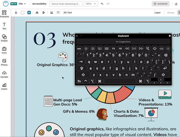 Em uma visão parcial de uma tela de design no Venngage Editor atualizado, um usuário seleciona um ícone de uma paleta de tinta branca com quatro pontos de tinta colorida.  Com o teclado na tela, o usuário segura a tecla Command e a tecla Option e, em seguida, pressiona a tecla L.  O ícone da paleta aparece na tela com uma borda vermelha e um pequeno ícone de cadeado no canto superior direito, indicando que está travado na tela de desenho.