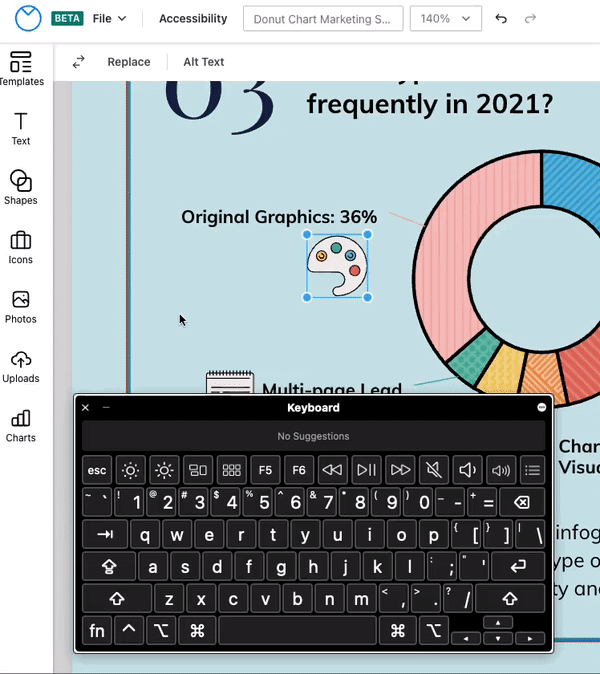 Em uma visão parcial de uma tela de design no Venngage Editor atualizado, um usuário seleciona um ícone de uma paleta de tinta branca com quatro pontos de tinta colorida e usa o teclado na tela para redimensionar o ícone em pequenos incrementos de 1px, usando as teclas Command e as setas para cima e para baixo.