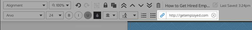 Un primer plano de la barra de herramientas superior en el Editor de Venngage.  El botón de enlace está seleccionado y resaltado, además del campo de texto para el enlace, que muestra la URL 'getemploed.com'.  En el extremo derecho del campo de texto hay una 'x' en un círculo.