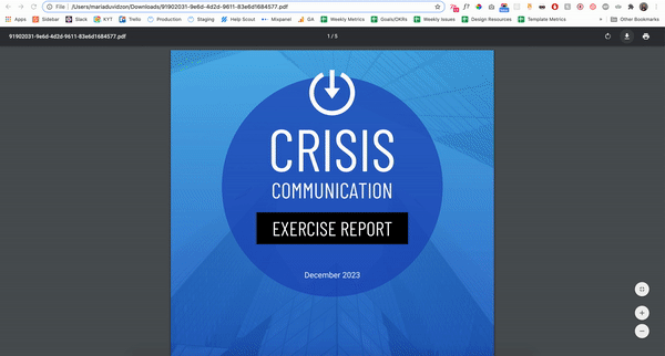 Aparece un informe titulado Informe del ejercicio de comunicación de crisis en el Editor de Venngage;  un usuario lo abre en la vista previa.  El usuario se desplaza hacia abajo en la página y hace clic en el texto vinculado '03 - Resumen ejecutivo' en la página Contenidos, que lo redirige a la página vinculada.