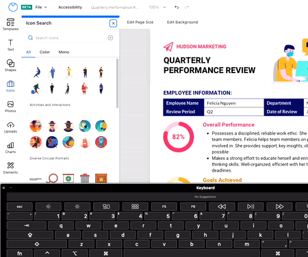 A partial view of a design open in the upgraded Venngage Editor; the title on the design is Quarterly Performance Review. The left sidebar Icon Search menu is open. Overlaying the bottom third of the screen is a partial view of the onscreen accessibility keyboard. As the user navigates using the Tab and Tab+Shift keys on the keyboard, those keys are bordered in red, and a dark blue border appears around different widgets and widget sections in the Editor.