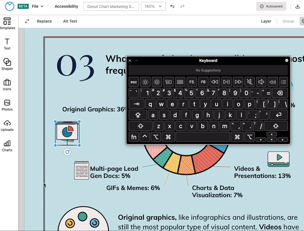 On a partial view of a design canvas in the upgraded Venngage Editor, a user selects an icon depicting a projector screen with a simple read and blue pie chart on it. With the onscreen keyboard, the user holds the Control key and then the shift key, and using the comma key, sends it to the back of three other icons, where it is visible behind them.