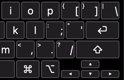 Gros plan d'un clavier accessible à l'écran, à droite, sur les trois rangées du bas.  Les touches fléchées de direction sont mises en évidence par une bordure rouge clignotante lorsque chacune est enfoncée, en commençant par la flèche vers le haut, puis la flèche vers le bas, puis la flèche gauche, puis la flèche droite.