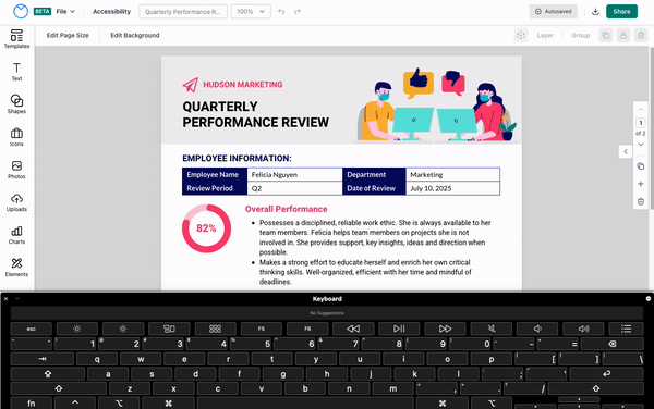 Un canevas de conception intitulé Quarterly Performance Review est ouvert dans l'éditeur mis à niveau, le clavier à l'écran recouvrant le tiers inférieur de l'écran.  Un utilisateur appuie sur la touche Tab pour afficher les options de focus initiales dans l'éditeur, notamment Passer la navigation et Passer au contenu principal.  Lorsque chaque option est sélectionnée, elle est délimitée par une bordure bleu foncé ;  pour y accéder, l'utilisateur doit appuyer sur la touche Entrée ou Retour.