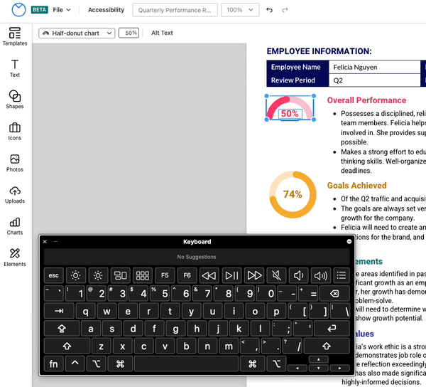 Uma visão parcial de uma tela de design no Venngage Editor atualizado mostra um design colorido com gráficos estatísticos.  Um usuário seleciona um gráfico de estatísticas com uma meia rosquinha rosa na estatística '50%'.  Usando as teclas de seu teclado, visíveis no teclado da tela, o usuário navega até a barra de ferramentas superior, movendo a seleção para as diferentes ferramentas com o botão Tab e selecionando-as com a barra de espaço.