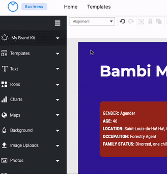 Um close da barra lateral esquerda no Venngage Editor, com uma tela de design parcialmente visível.  Um usuário clica em My Brand Kit na parte superior da barra lateral esquerda.  A seção se expande e exibe um menu suspenso com o kit de marca denominado 'Venngage', bem como logotipos e cores de marca associados a esse kit de marca.  O usuário clica no menu suspenso que aparece na parte superior da seção expandida e, abaixo de 'Venngage', aparece um kit de marca chamado 'New Leaf LLC', bem como um rótulo de ação onde o usuário pode adicionar uma nova marca kit.  O usuário clica em New Leaf LLC e o logotipo e as cores da marca relacionadas a esse kit de marca aparecem na seção expandida de My Brand Kit.