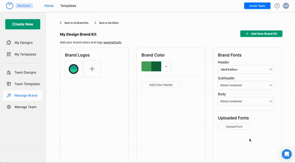 Un usuario en una página con el encabezado Mi kit de marca de diseño hace clic en el enlace de la ruta "Volver a todos los kits de marca" en la parte superior de la página.  La página devuelve al usuario a la página principal Administrar marca, que muestra dos kits de marca que el usuario ha creado: uno etiquetado como Mi marca y el segundo etiquetado como Mi kit de marca de diseño.