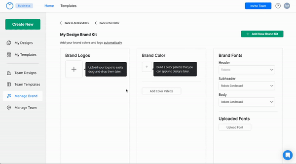 On the Manage Brand page, a user clicks on the plus sign under the heading Brand Logos, in the first of three columns. A file explorer window appears, overlaying the screen. The user selects a PNG file of a two-tone green circle with a thick black border, then clicks 'Open' on the file explorer. The image of the green circle appears under Brand Logos. The plus sign appears next to it, so that the user can add additional logos. The user then clicks the plus sign under the heading 'Brand Color' in the second column. The Color Tool menu appears, which a color-picker wheel, a light and dark value slider, and a field where the user can enter color HEX or RGB codes. The user clicks on the wheel in the green portion and adjust the slider to a darker green, then clicks outside of the color tool menu to confirm. The user clicks the plus sign again to add another color. The user then clicks on the drop-down menu in the third column under Brand Fonts, and selects a font under the subheading 'Header'.