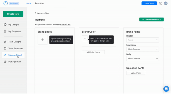 En la página Administrar marca, un usuario hace clic en el enlace debajo del encabezado Mi marca.  Aparece un modal (cuadro) y se superpone a la pantalla, lo que solicita al usuario que ingrese la URL de su sitio web o que confirme la que detecta automáticamente la herramienta.  El usuario hace clic en 'Siguiente' y se inicia la pantalla de carga modal, ya que los activos de la marca se recopilan del sitio web ingresado por el usuario.  El modal se cierra cuando finaliza el proceso y el logotipo, los colores de la marca y las fuentes de la marca ahora se muestran debajo de las tres columnas;  en este caso, del sitio web de Venngage.