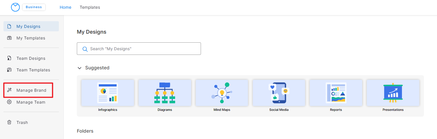 Image showing where the manage brand button is located in the home page