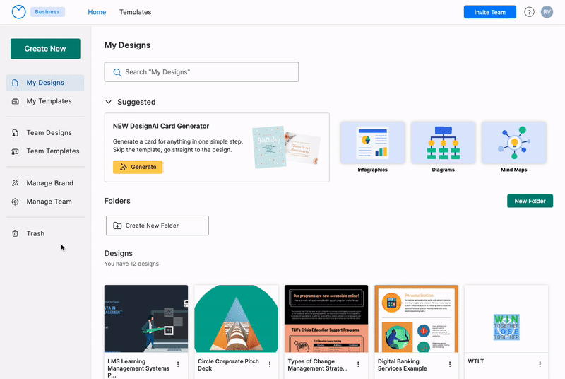 On the homepage of the Venngage website, a user scrolls down to where their template designs appear, under the My Designs heading. The user clicks the 'Edit' button on a thumbnail to open the design template in the upgraded Editor.