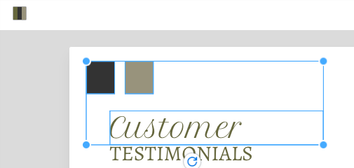 In a partial view of a design canvas in the upgraded Editor, two small rectangles and a text box are selected. In the top toolbar, a color tile is visible with the colors of the text and the rectangles, indicating that they can be customized.
