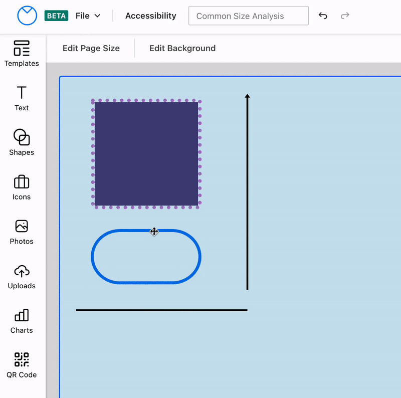 A partial view of a light blue canvas in the upgraded Venngage Editor shows several shapes and lines. The bottom shape is an oblong with a thin blue border and a transparent fill (it appears as no fill, so the light blue background of the canvas is visible through it). A user clicks on the oblong, and color and styling tool icons appear in the top toolbar over the canvas. The user clicks on Fill Color One, which appears as a blank white tile, and opens a Color Tool widget. The Color Tool widget displays multiple circular color swatches and a color picker. The user changes the transparent color to a dark green, using the widget's color picker. On the design canvas, the fill of the oblong changes from transparent to the dark green selected by the user. The user closes the Fill Color One widget, then reopens it, and clicks a color swatch that appears as a white circle with a slash through it, representing transparency. The oblong now appears with a transparent fill on the canvas. The user closes the Fill Color One widget again, and clicks on Border Color in the top toolbar, which appears as a square color tile with an empty center, in the same blue color of the oblong's border. The user clicks into the color picker in the Color Tool widget, changing the color of the Border Color icon to a dark blue as well as the color of the oblong's border on the canvas to the same dark blue.