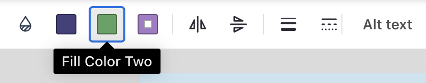 A partial view of the top toolbar in the upgraded Venngage Editor, with several tool icons visible. The third icon in the row is a color tile, and in its selected state (pictured here) it has light blue shadowing and a darker blue border. A tag appears underneath it with the label Fill Color Two.