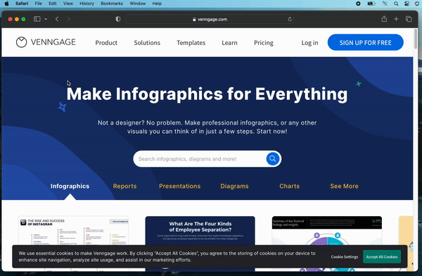 The Safari web browser open to the Venngage homepage. The user clicks on the Settings menu and opens it, to the Page Zoom tab. The website zoom is set to 100%.