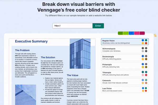 Um usuário na página do simulador de daltônico gratuito da Venngage rola a página, mostrando diferentes títulos na página e alterando a imagem de visualização com filtros que representam diferentes deficiências visuais: visão regular, acromatopsia, deuteranopia, protanopia, tritanopia, catarata e baixa visão.
