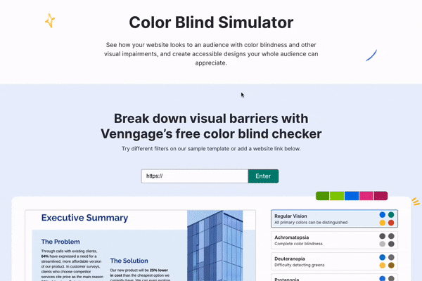 Um usuário rola a página gratuita do Color Blind Simulator da Venngage.  A página tem o título 'Simulador de daltônico' e um subtítulo que diz 'Quebre as barreiras visuais com o verificador de daltônico gratuito da Venngage'.  O usuário rola além do subtítulo, para uma seção com um modelo Venngage em um painel de visualização à esquerda e uma lista de diferentes condições de daltonismo ou deficiência visual.  Acima do painel de visualização, aparece um campo de texto para inserir o endereço de um site;  o usuário digita 'venngage.com' no campo de texto.  No painel de visualização, a página inicial do Venngage.com é exibida;  o usuário clica em uma das condições na barra à direita, ao lado do painel de visualização, para alterar a aparência do site.