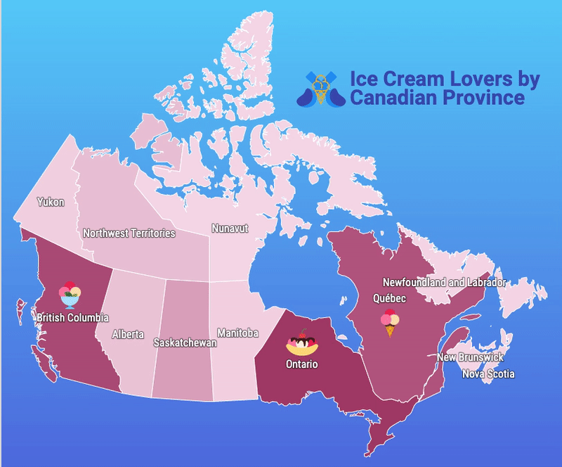 Um GIF animado em que um usuário passa o mouse sobre um mapa coroplético do Canadá intitulado 'Ice Cream Lovers by Canadian Province'.  As províncias aparecem em tons de rosa claro a escuro;  quando o mouse do usuário passa sobre cada província, a cor muda para amarelo e uma caixa de texto alternativo exibindo o nome da província e o valor numérico aparece.