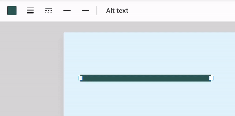 A partial view of a light blue canvas in the upgraded Venngage Editor shows a single, dark green line. A user clicks the line to select it and color and styling tool icons appear in the top toolbar over the canvas. The user clicks on the Line Style tool, and the widget that opens displays several different types of line styles, including solid, dot, dash, and combinations of those styles. The user selects the styles Dot, Dash, Long Dash and finally Dash-Dot; with each selection, the style of the line on the canvas changes to reflect the style from the Line Style widget. The Dash-Dot appears as a series of alternating dashes and dots. The user closes the Line Style widget and clicks on the Line Weight icon in the top toolbar. The user changes the line weight from 15px to 5px to 13px, using the slider; as the line weight decreases, more and smaller dashes and dots appear in the line; a larger line weight makes the dashes and dots appear larger and there are less in the repeating pattern across the line.