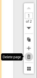 Um close-up da barra de ferramentas do Page Manager no Venngage Editor;  o ícone da lixeira é realçado e o rótulo 'Excluir página' aparece ao lado dele.