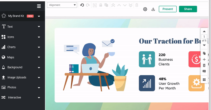 Um usuário no Venngage Editor usa a função de zoom em seu navegador para ampliar a barra de ferramentas do Gerenciador de páginas.  O usuário passa o mouse sobre os controles na barra de ferramentas do Page Manager, conforme descrito abaixo.