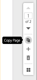 Um close-up da barra de ferramentas do Page Manager no Venngage Editor;  o ícone de duas páginas sobrepostas é destacado e o rótulo 'Copiar página' aparece ao lado dele.