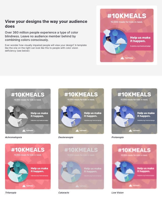 Uma série com o mesmo design criado no Venngage Editor; ele mostra um gráfico quadrado de mídia social com o ícone de um chef e um texto informativo sobre uma refeição beneficente para crianças carentes. O design é filtrado para que apareça como os espectadores com diferentes deficiências visuais o veriam, incluindo várias condições diferentes de daltonismo, visão embaçada, catarata, etc.