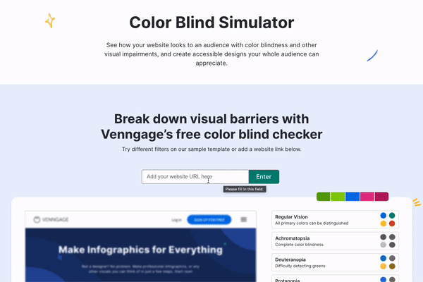 Um usuário rola a página gratuita do Color Blind Simulator da Venngage.  A página tem o título 'Simulador de daltônico' e um subtítulo que diz 'Quebre as barreiras visuais com o verificador de daltônico gratuito da Venngage'.  O usuário rola além do subtítulo, para uma seção com um modelo Venngage em um painel de visualização à esquerda e uma lista de diferentes condições de daltonismo ou deficiência visual;  o usuário clica nas condições e o painel de visualização muda de acordo com o que o usuário clica, alterando as cores no modelo de visualização ou desfocando-o.