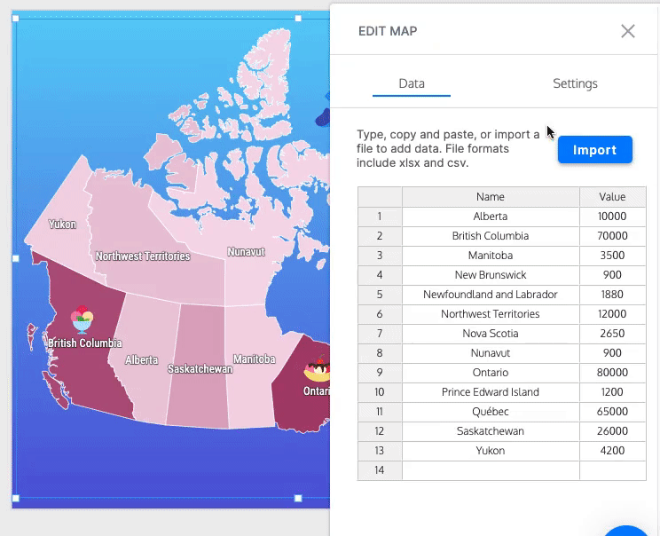 Un GIF animado del editor de Venngage con la superposición del panel Editar mapa visible sobre un mapa de coropletas en el lienzo de diseño.  Un usuario hace clic en la pestaña Configuración y abre el selector de color debajo de Pasar el mouse como se describe arriba, cambiando el color seleccionado de amarillo a púrpura.