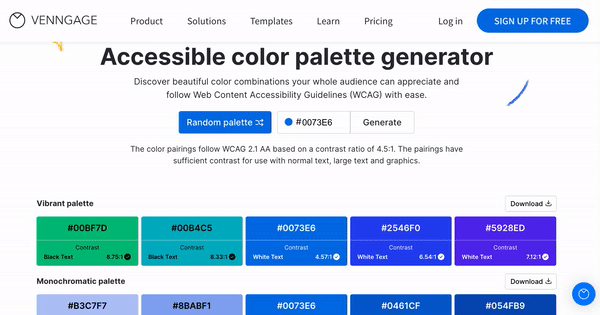 Um usuário clica no botão 'Download' sobre uma paleta de cores intitulada 'Paleta Vibrante' criada no Venngage's Accessible Color Palette Generator.  Um arquivo chamado 'Vibrant Palette' é baixado.  O usuário abre o arquivo na barra de download na parte inferior da janela do navegador e um arquivo é aberto com uma lista de códigos HEX correspondentes às cores da paleta.
