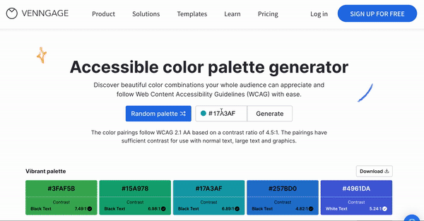 Na página de geração da paleta de cores, um usuário digita o código HEX '#E6308A' no campo de texto que aparece entre o botão azul para gerar uma 'paleta aleatória' e um botão branco para gerar uma paleta personalizada.  Um pequeno ponto no campo de texto mostra a cor à medida que o usuário digita;  quando o usuário termina de digitar o código HEX, o ponto aparece magenta, que é a cor do código HEX.  O usuário clica no botão 'Gerar' à direita do campo de texto e gera paletas abaixo do campo de texto e dos botões.  O usuário percorre a paleta, que possui títulos que descrevem seus temas como 'Paleta vibrante', 'Paleta contrastante', 'Paleta pastel'.  Quando o usuário chega ao final da página, ele clica no botão 'Carregar mais' na parte inferior,