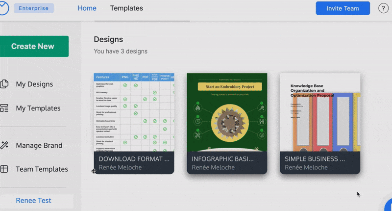 En una página de grupo, se ve un diseño llamado 'Formato de descarga'.  El usuario hace clic en Mis diseños en la barra lateral izquierda y pasa el mouse sobre el mosaico de vista previa para el diseño de 'Descargar formato' que se compartió en el grupo.  El usuario hace clic en Compartir.  En el modal (cuadro) que aparece, el usuario hace clic en el nombre del grupo en el que se comparte el diseño y, a la derecha del nombre del grupo, hace clic en la flecha hacia abajo junto a la etiqueta "Editor" del grupo.  Aparece un menú con la palabra 'Editor' marcada y 'Dejar de compartir diseño' debajo.  El usuario hace clic en 'No compartir diseño', luego cierra el modal y hace clic en el nombre del grupo en la barra lateral izquierda.  El diseño 'Descargar formato' ya no se comparte en el Grupo.